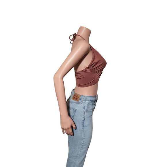 Blashe women's v-neck tie back halter brown cropped top L - Picture 4 of 5